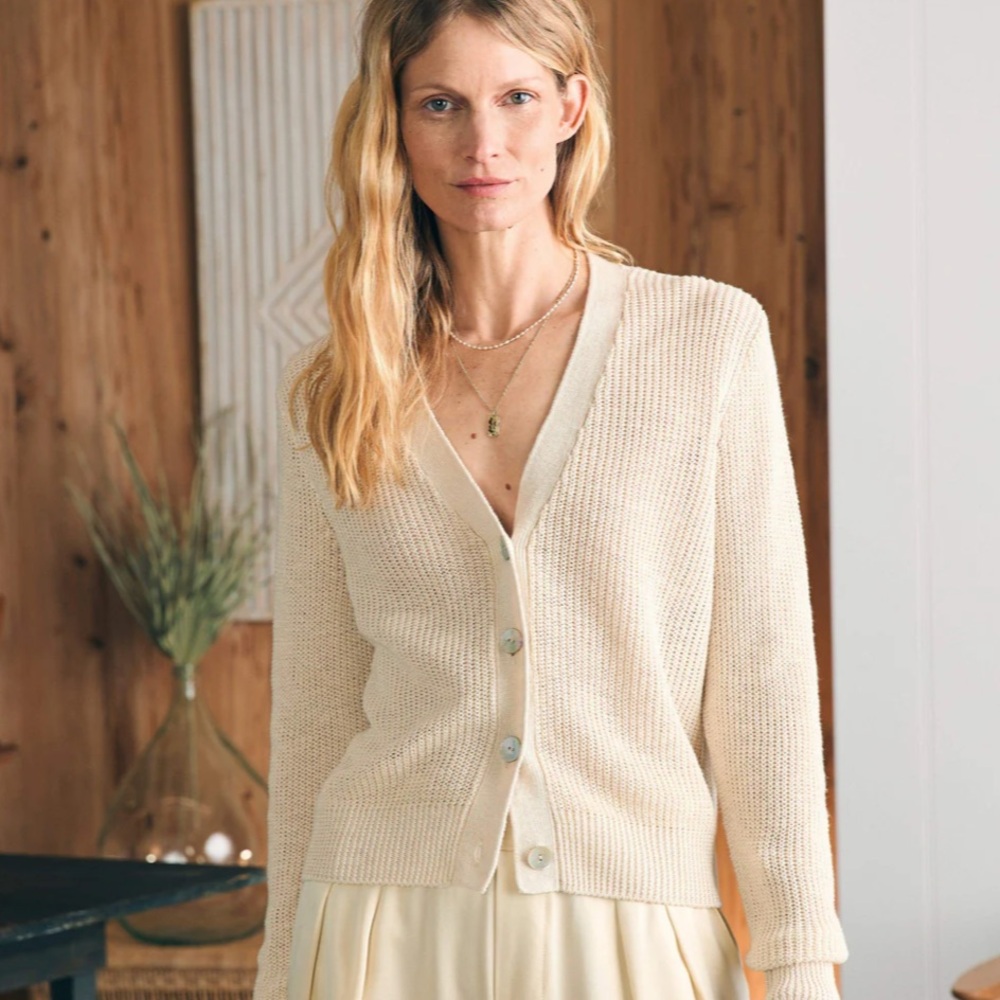 FAHERTY Miramar Linen Cardigan Sweater in Sold out Sand NWOT MOPearl buttons